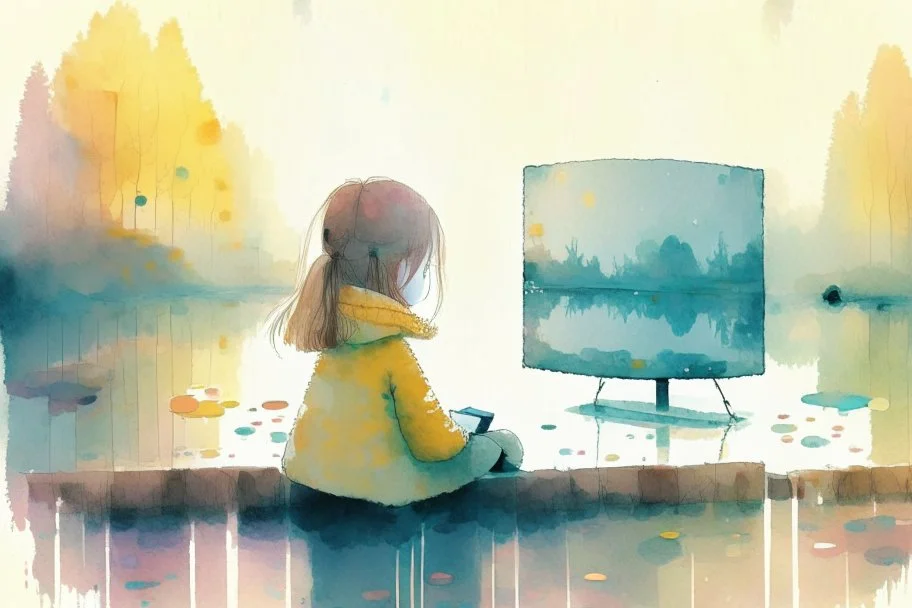 a cute chibi girl is sitting with her back to us, we see her playing tetris on a big screen, in van gogh style in on a misty morning. over a misty pond in the hieght of fall. Watercolour by Alison Brady. Pastel colours S<AI in sunshine, ethereal, otherwordly, cinematic postprocessing