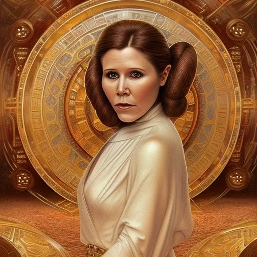 hyperspace background, complete and photo realistic detailed head to waist stunning photo realistic portrait of carrie fisher as Princess Leia in star wars with photo realistic updo hair by Mandy Jurgens and mucha and Richard Schmid and chuck close and chie yoshii, extraordinary and detailed ceremony dress of star wars,brown eyes