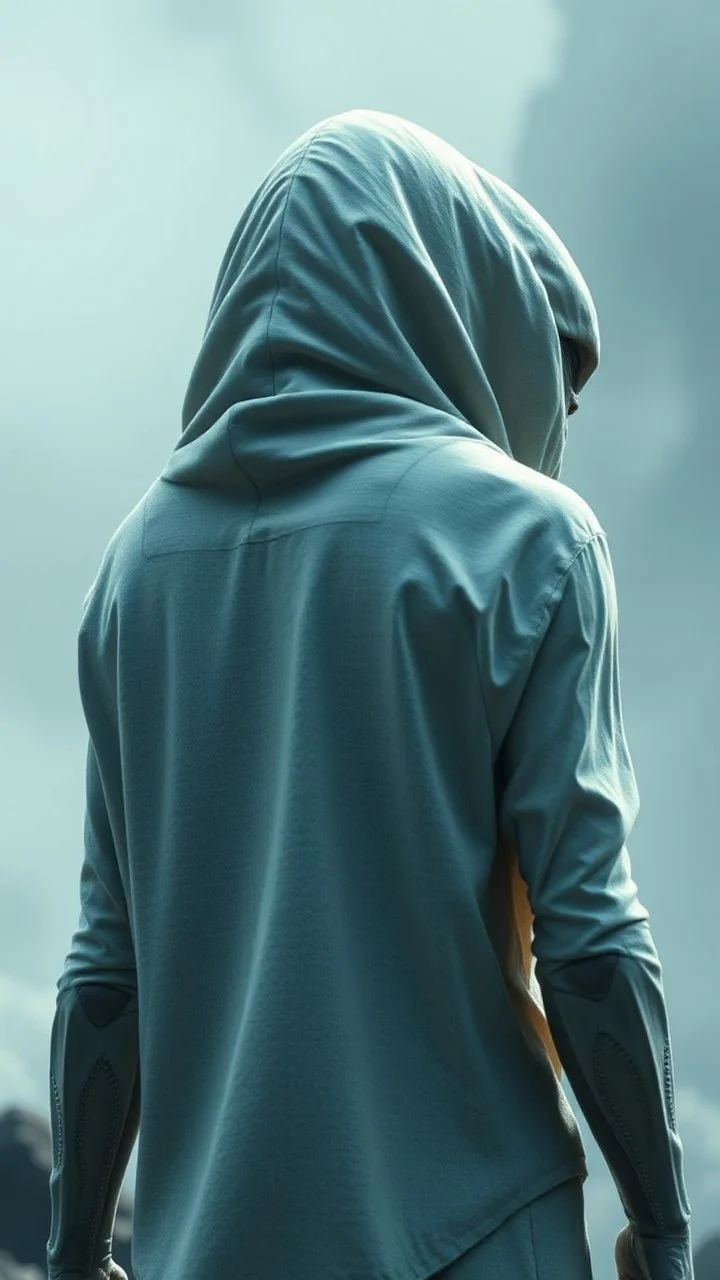 The creature from the the movie Prometheus with white hooded clothes rear view turn his head looking at you