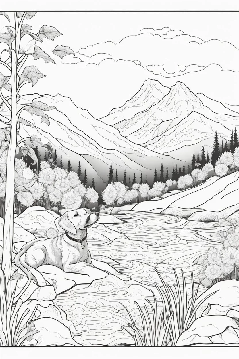 Playful Golden Labrador in a lively field of sunflowers, butterflys, mature coloring artwork, contour, vector, clean line art, white background, detailed, black and white, in the style of Mandala design