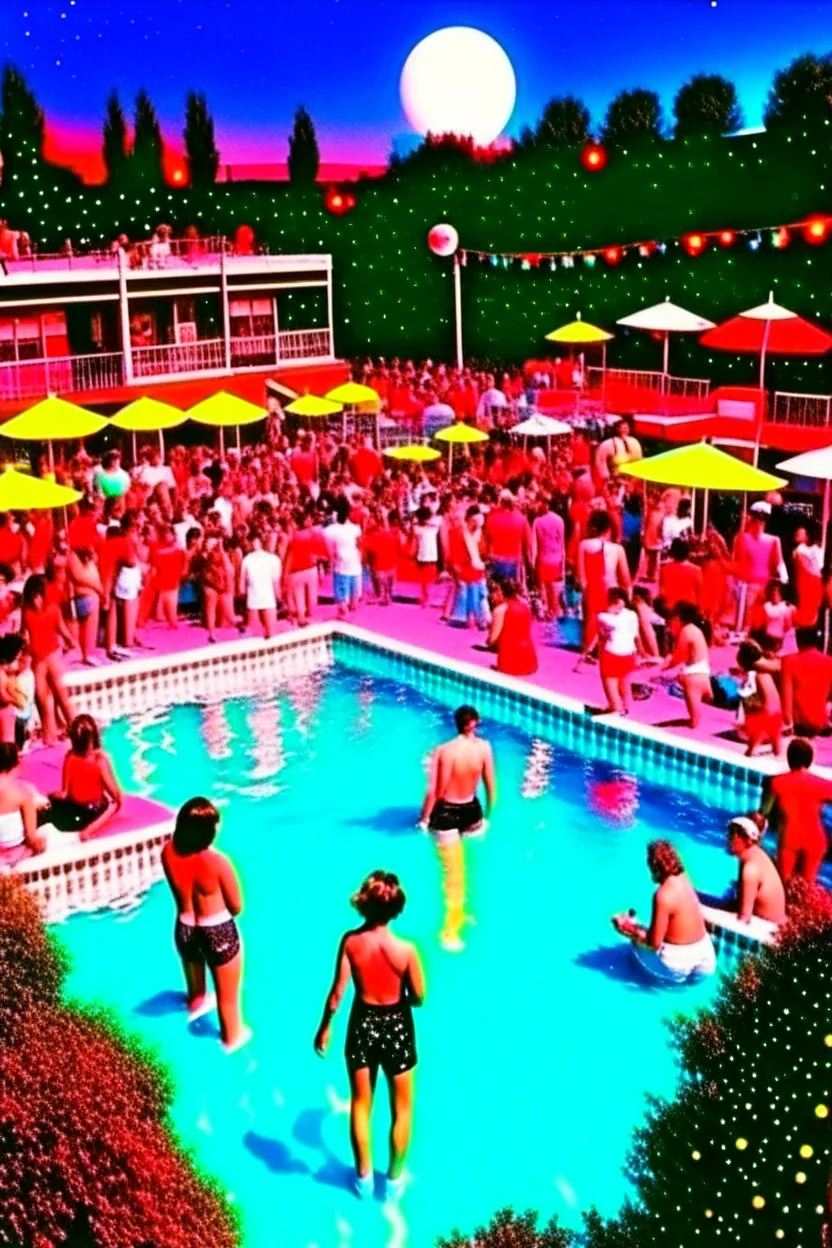 techno rave party in 80's with swimming pool on the moon full