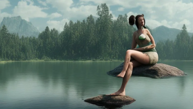 woman sitting on a rock, in a lake, green mottled skin, green hair, blue sky, white clouds