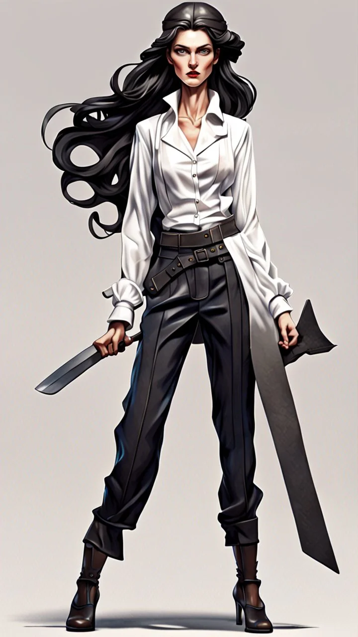 Full body character design, athletic Ukraine female with black wide legged and high waisted pants, white blouse, face made of white porcelain in a Greek sculpture style , long hair, holding a trench cleaver, flat leather pouch on belt, thick heeled shoes