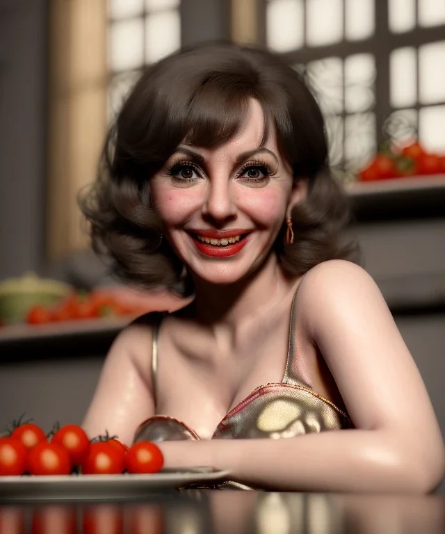 Ultra realistic photographic portrait, happy young Gina Lollobrigida woman sitting with arms resting on Italian kitchen table, ravioli dish, tomatoes, olive oil, renaissance style decoration, soft color, highly detailed, unreal engine 5, ray tracing, RTX, lumen lighting, ultra detail, volumetric lighting, high definition.