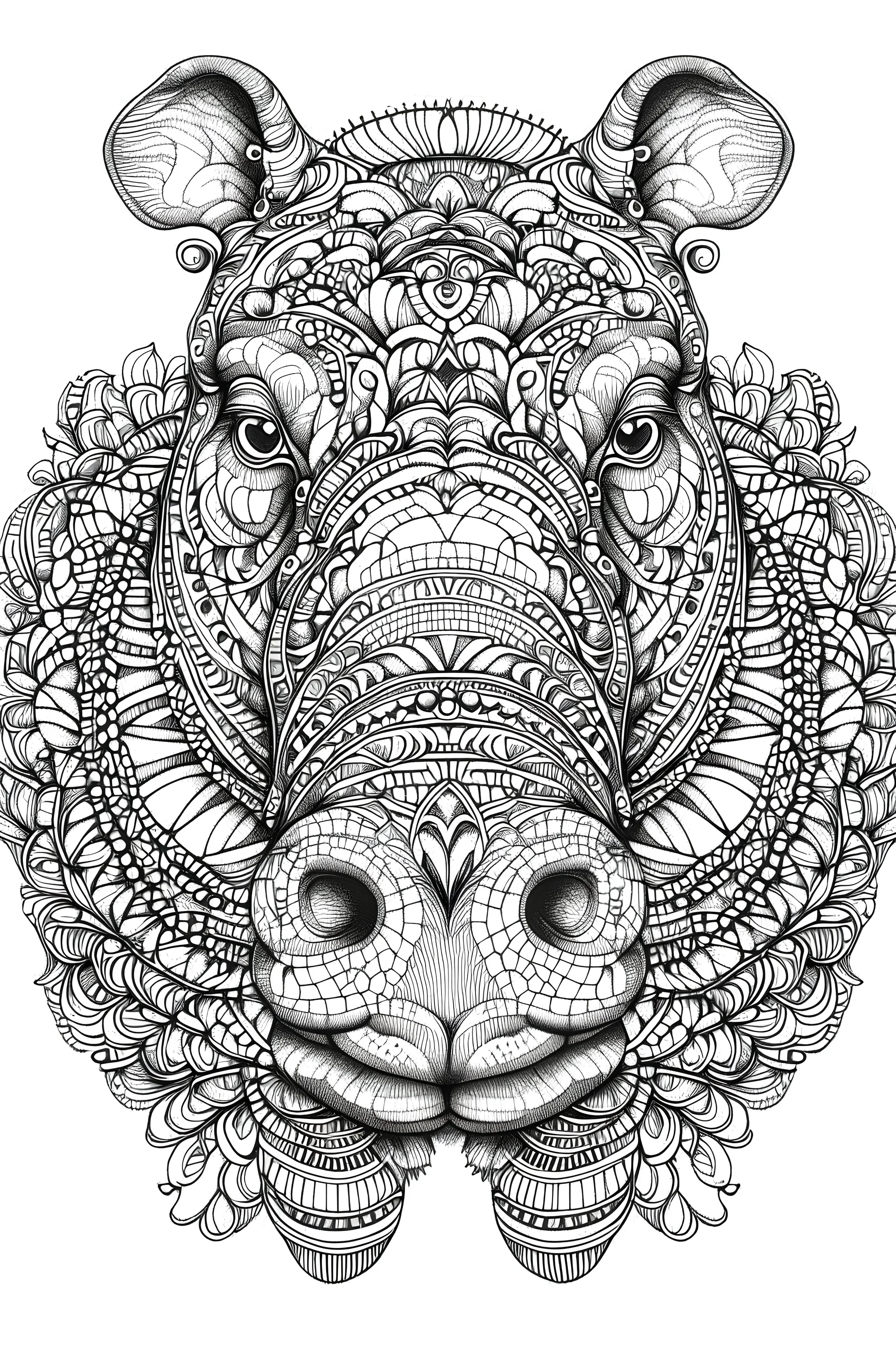 mandala hippopotamus black and white with white background.