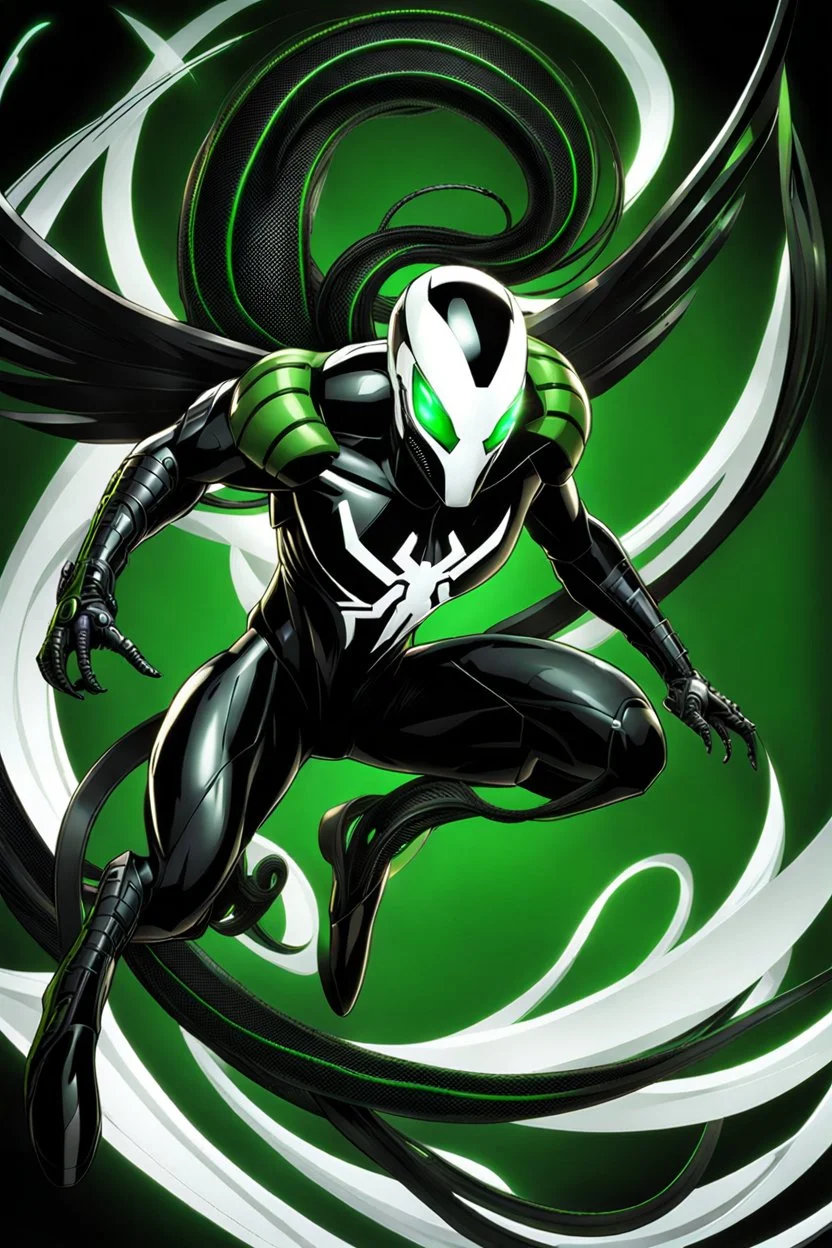 Cyborg symbiote, white color, green color, tendrils, high tech, cyberpunk, biopunk, membrane wings, carbon fiber, cyber tentacles, and the other two.