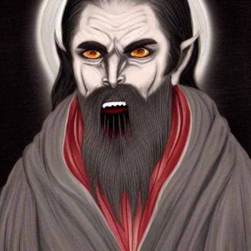 Vampire with yellow eyes with fleshy tentacle beard grey skin and vampire fangs and vampire bat nose as a Russian Orthodox