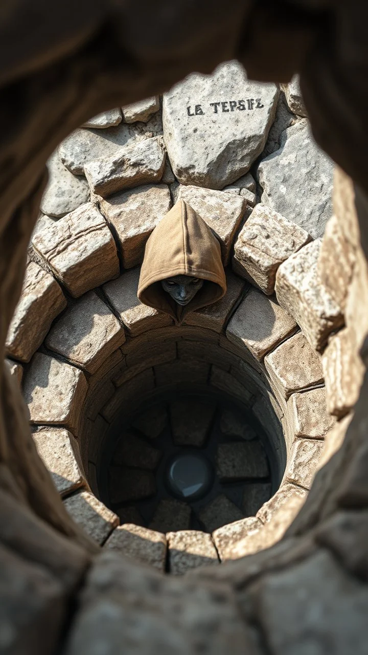 a hooded creature in side an old well of stones top view