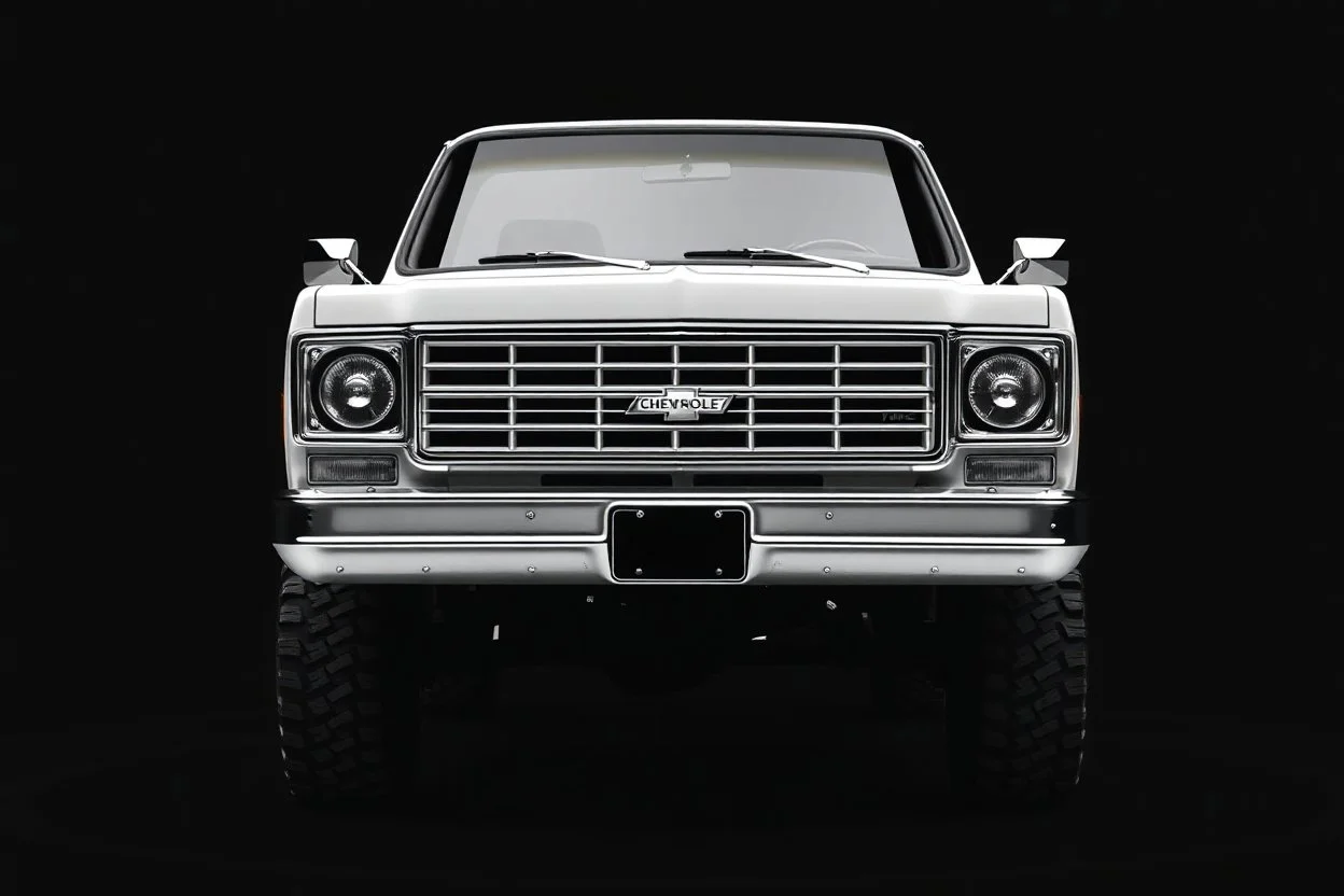 front corner 1973 Chevrolet square body truck 4x4 facing a little to the left, dark gray background, high contrast black and white vector