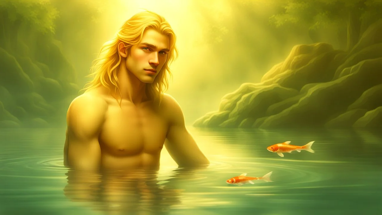 Photograph of a young teen elven male waist-deep water, relaxing, eyes looking at camera, thick golden hair, full lips, aesthetic physique, cute face, shirtless torso, warm skin tone, flawless skin, long hair, koi fish in water, high camera angle, simple loin cloth, calm clear water, dreamy atmosphere, high resolution