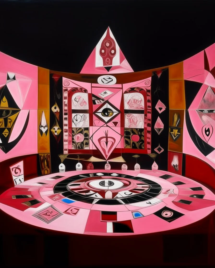 A pink magical casino with runes painted by Pablo Picasso