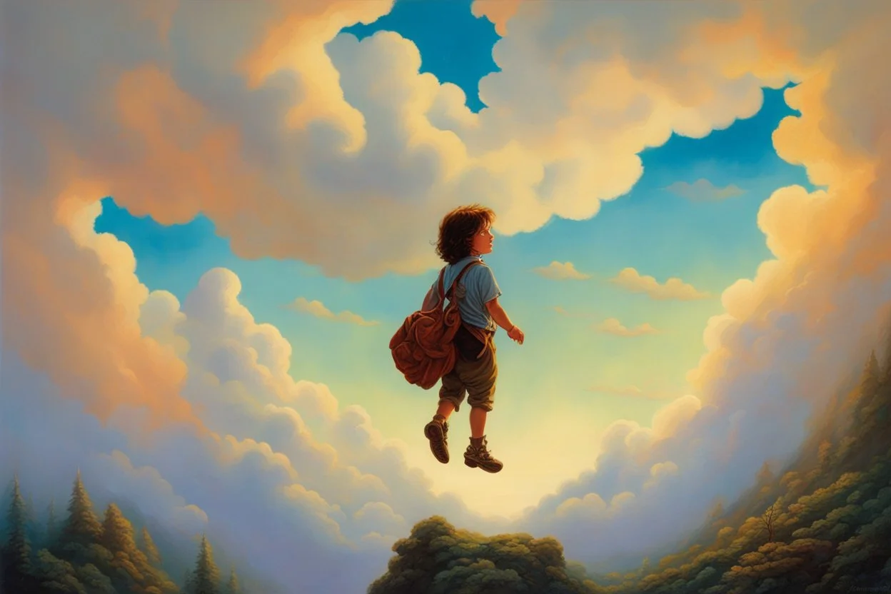 A child having a beautiful dream floating on a cloud painted by Michael Whelan. concept art, mid shot, intricately detailed, color depth, dramatic, 2/3 face angle, side light, colorful background