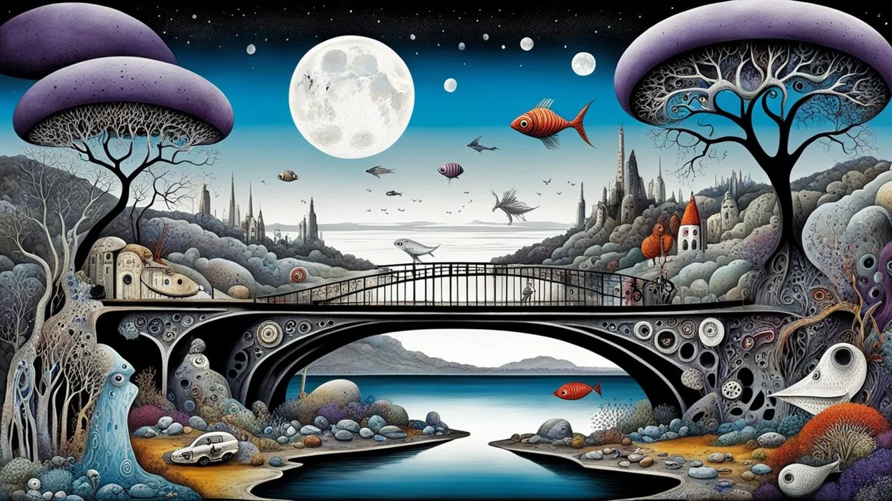 whimsical weird car-fish and bizarre mutant animals in weird whimsical landscape between two long thin bridges, surreal vibe with abstractions, around surreal cracked painted weird land with rocks, trees, two moon, deep dark purple, gray, black, white, brown pale blue colors. style of Chagall , of Minjae Lee and Tim Burton, absurd beauty picture. weird bizarre absurd, nightmare, big neuron network clouds background and thin bridges, too big, too elongated shapes, psychedelic dream