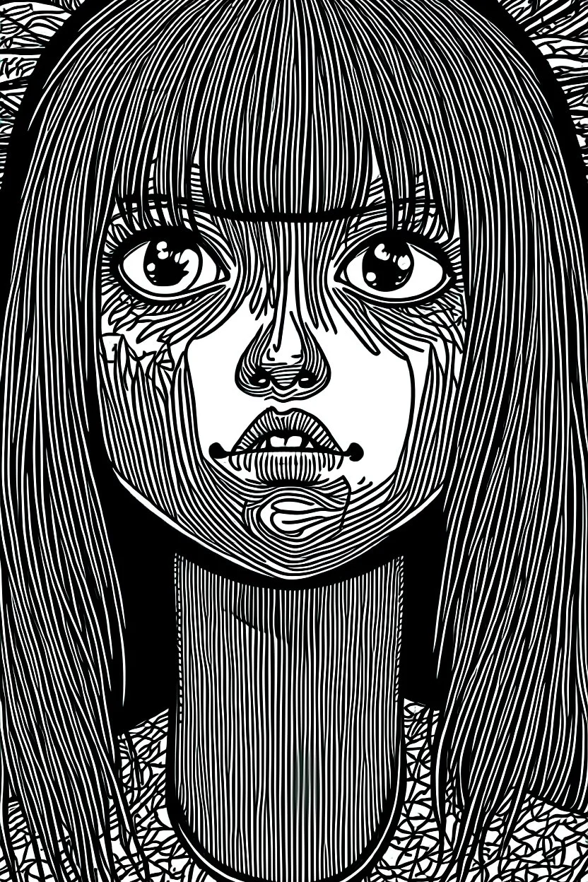 create a horror manga illustration of a dark haired, savage vampire girl with highly detailed , sharply defined feminine facial features, in a chaotic, turbulent, otherworldly London in the manga style of Junji Ito, precisely drawn, inked, with dramatic edges,