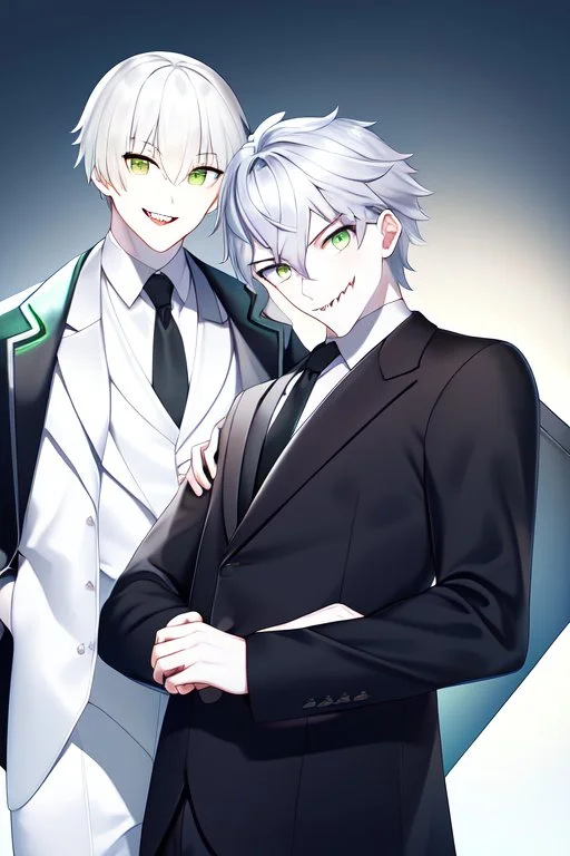 plauge doctor in balck leather coat and suit with silver hair, pale skin and bright green eyes smiling with sharp teeth, nice young face, male, viscious smile