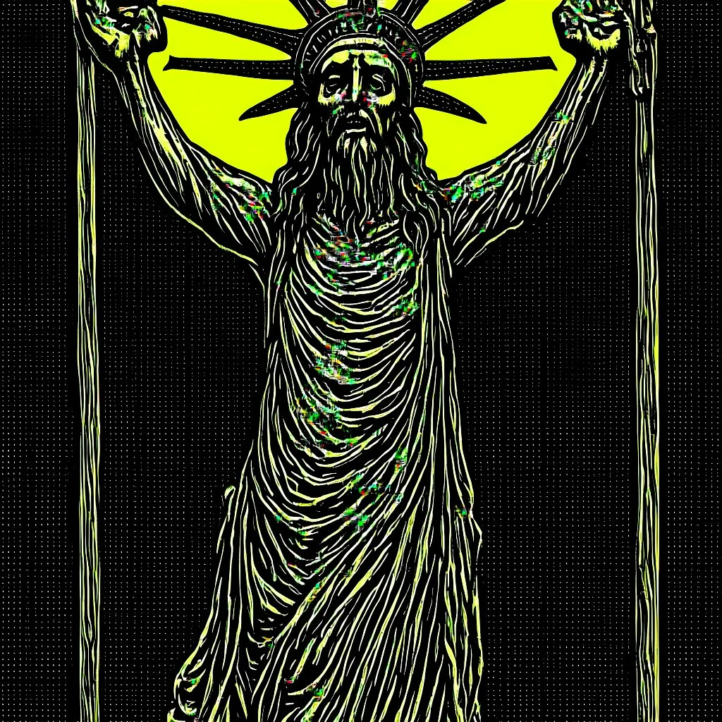 crucified christ liberty hybrid tone, woodcut, engraved, wall street journal style, statue of cruicified Jesus of Liberty with a beard and wearing a cross and hanging from a cross, The statue male, hyperdetailed intricately detailed photoillustration ink drawing dystopian 8k resolution entire body of the statue is in the picture. digital illustration telephoto lens photography , same colors as the us treasury's one dollar bill, crucified"