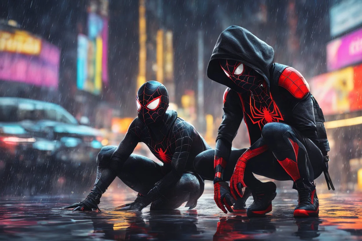 Miles morales in 8k nier automata drawing style, spider man them, cinematic mood, neon effect, close picture, rain, highly detailed, high details, detailed portrait, masterpiece,ultra detailed, ultra quality