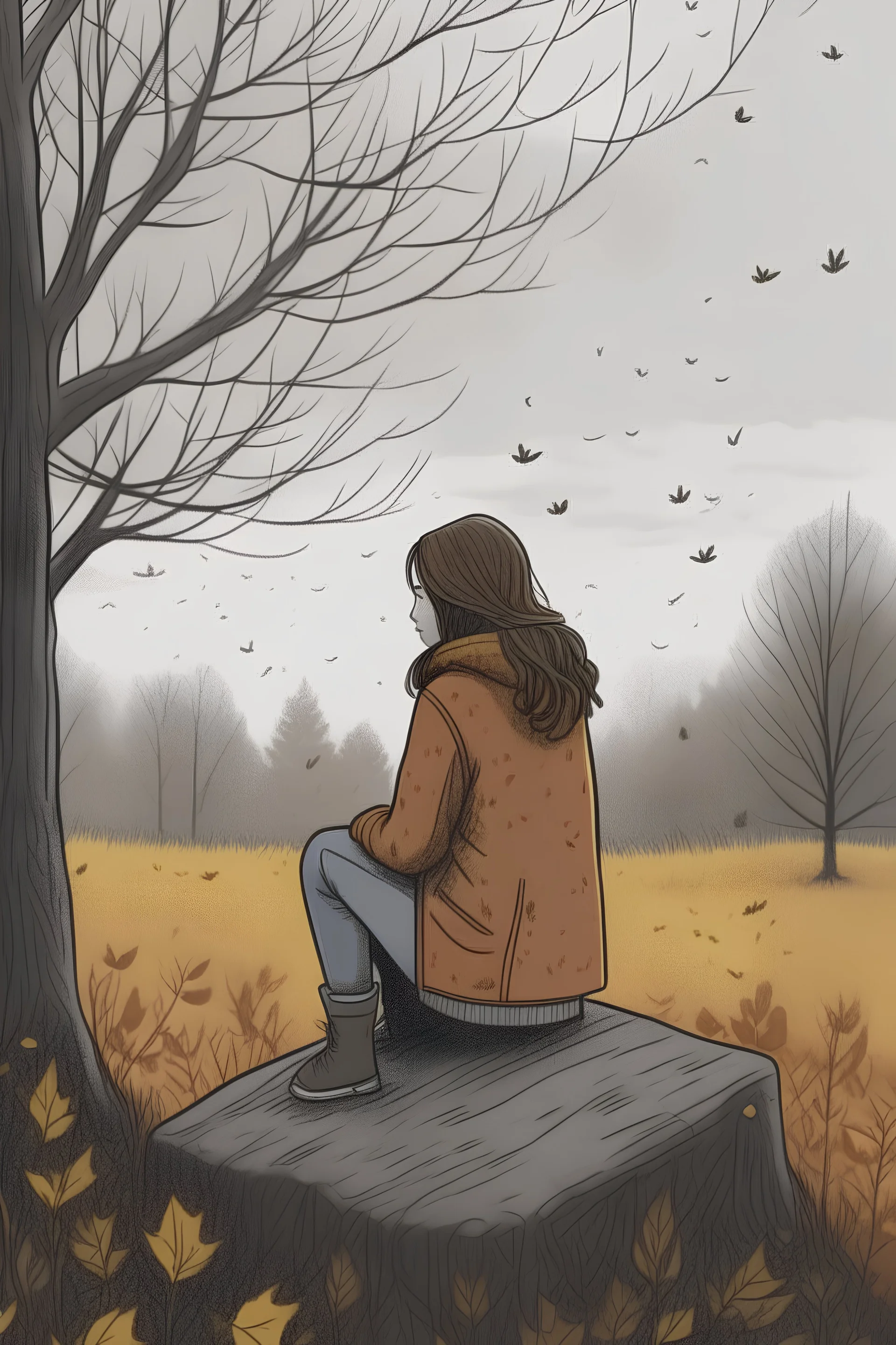 I want an illustration drawn for the cover of a book that deals with a psychologist who is locked in her own head because she is mourning the loss of a family member, however she is sitting on her back looking at the horizon in a sad environment thinking with a photo of that person who has already passed away remembering her, a rainy environment in autumn but her face shows a neutral face pretending not to feel affected