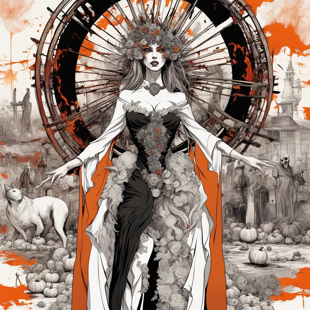 regal Zombie Halloween Queen standing in front of dramatic blazing fire wheel, surreal Hieronymus Bocsh Halloween Harvest fantasy landscape, evil looking onyx cats and rotting pumpkins; dramatic psychedelics surreal maximalism; dramatic; stygian background; impressionism, by Carne Griffins, by Russ Mills, by Wayne Barlow, deep red-black-orange colors; artistic ink splashes