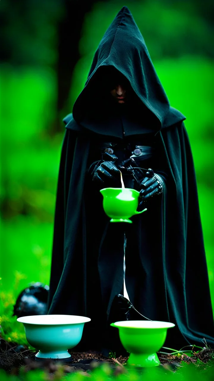 a full-length photograph of a [black-robed hooded Nazgul from the [Lord of the Rings] movies, articulated metal gauntlets] stands over a [small black kitten] which laps from a [small bowl of milk] on the ground, a [huge black warhorse, black saddle] in the background, depth of field, green meadow, mood ominous --style raw