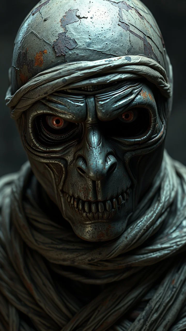 Busch painting style nightmare, a zoomed 3/2 view of the mummy by his face skin is a rusted broken metallic skin texture in a 3d rendering full-height image of a grim and dark scene. Ensure the final images exhibit the utmost quality, encompassing 4K, 8K, and 64K resolutions, with 3D rendering that manifests in photorealistic, hyperrealistic, and highly detailed representations. Employ techniques such as HDR, UHD,