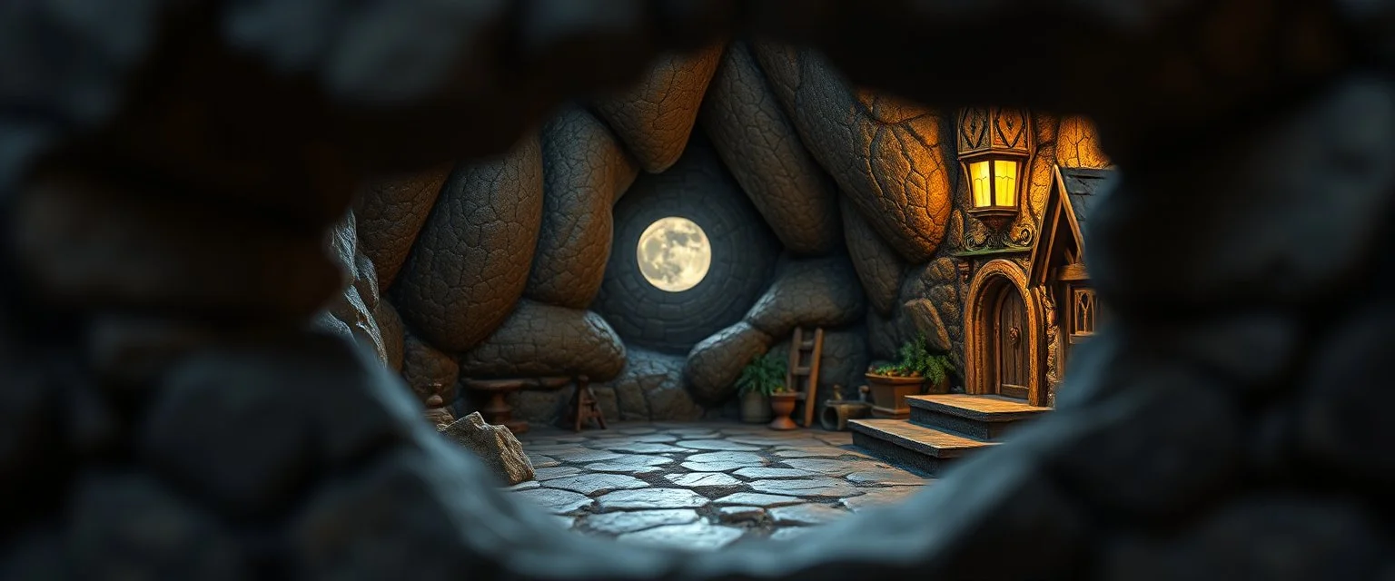 pin hole picture, miniature scene,master oil painting by Rembrandt, good afternoon disney bitch scary stone age vampire