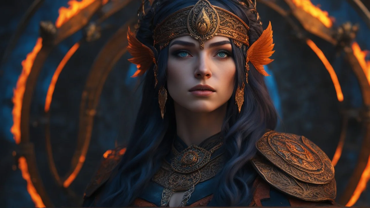 18 year old female sorcerer. beautiful eyes. black smoke. blue and orange fire. Armageddon. ragnarok. exquisite realism, a masterpiece, fantasy concept art, dynamic lighting, hyperdetailed, intricately detailed, deep color, Unreal Engine, volumetric lighting , Epic cinematic brilliant stunning intricate meticulously detailed dramatic atmospheric maximal, CAMERA: Nikon Z7 | FOCAL LENGTH: 105mm | SHOT TYPE: Close-up | COMPOSITION: Centered | LIGHTING: Soft, directional