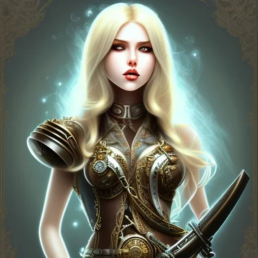 steampunk blonde girl, sexy, deep tone, sword