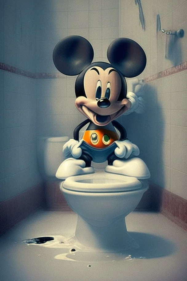 Mickey mouse sitting on a toilet