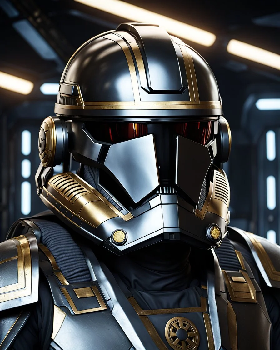 star wars bald male corellian pilot wearing pearlescent black and gunmetal grey First Order special forces heavy assault stealth commando armor and helmet with gold trim inside the jedi temple, hyperdetailed, dynamic lighting, hyperdetailed background, 8k resolution, volumetric lighting, light skin, fully symmetric details