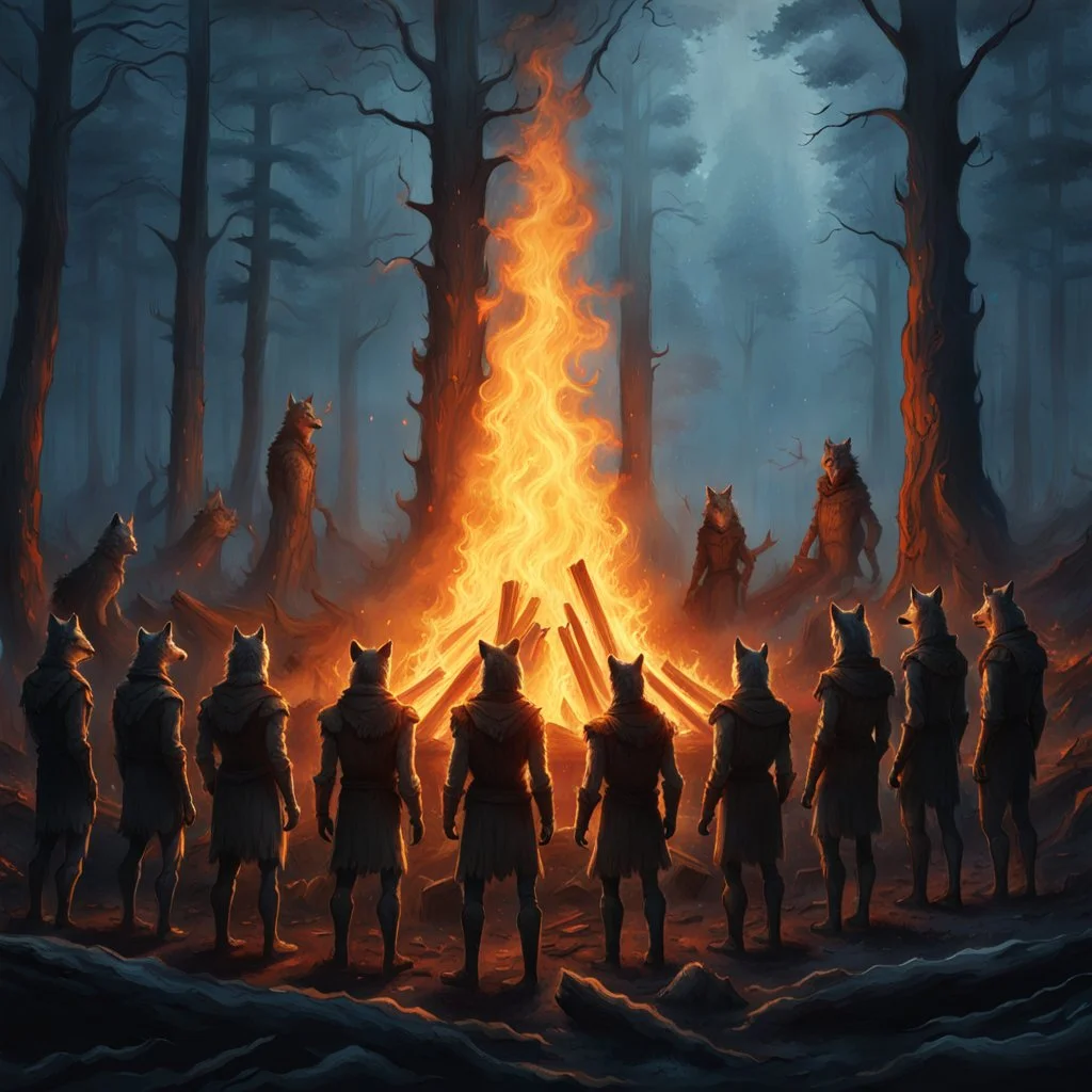 close up one large bonfire with its flames rising high in a clearing, around the bonfire many anthropomorphic wolf humanoids crying, dancing, singing and just watching the flames. rain, cold deep colors, around them in the background dark trees with huge trunks, rainy day, high contrast, high detail, atmospheric, dark fantasy, sci-fi atmosphere, cinematic