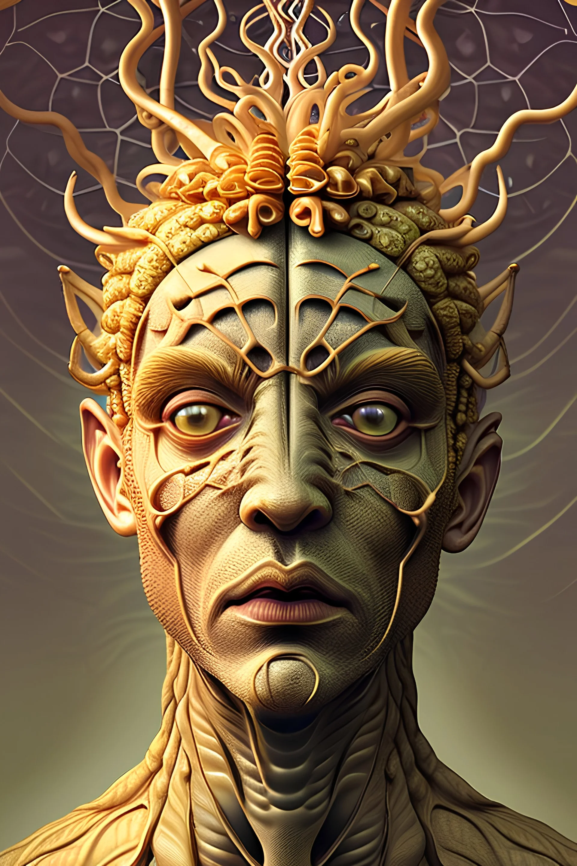 godlike figure made of corn and scales, evil, front view, golden ratio, mechanical, contorted, distorted fractal statue, vines, dotted tentacles, sequined, DMT, demonic, bloody, astral journey, biomorphic visionary psychedelic mushrooms, garden, majestic, garden, spiritual magic, mystical energy, face of god, Salvador Dali, H.R.Giger, René Magritte