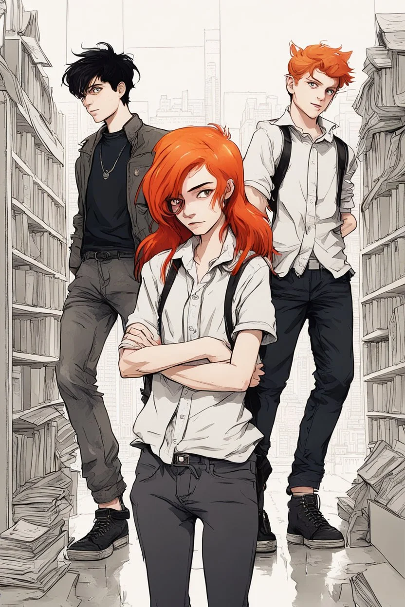 two boys with ginger hair plus a teenage punk girl with dark hair are standing in characteristic book cover-style poses. They are young amateur detectives. White background, mysterious atmosphere, add black cat