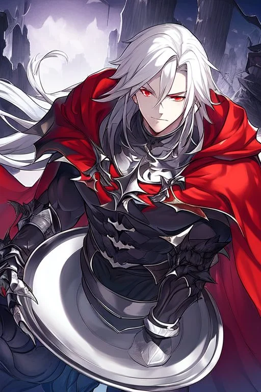 Vampire knight, muscular young man with long white hair, wearing black gothic full plate armor with red cape, cyan eyes, claws