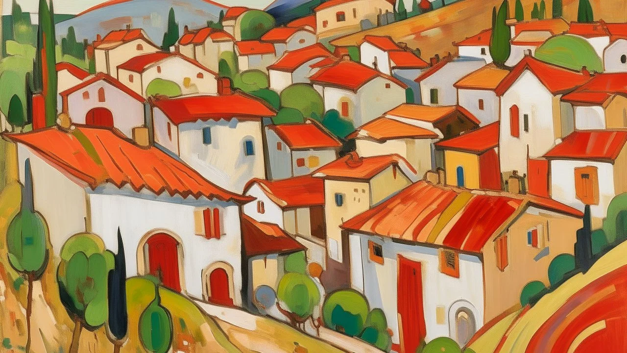 This image is a painting in an expressionist style, depicting a village scene. The painting is characterized by bold, dynamic brushstrokes and vivid colors, typical of the expressionist movement. The village, situated on a hillside, is composed of a cluster of houses with varied architectural styles, including white and beige buildings with red-tiled roofs. The houses are arranged haphazardly, with some appearing to be leaning or tilted, giving the scene a sense of instability and movement. In t