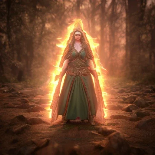 analog style, Celtic goddes, portrait, simmetric eyes, fire ambient,queen, wearing amazon outfit, realistic photo