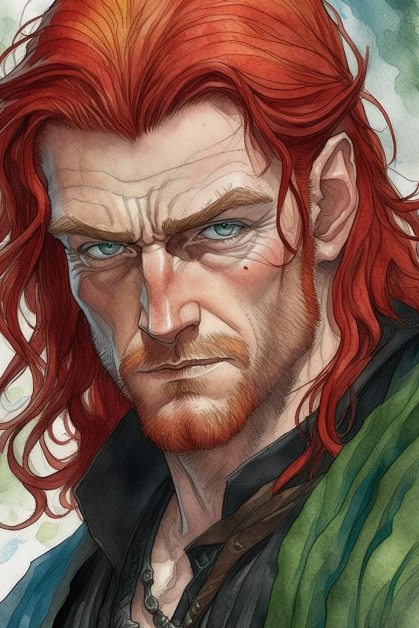 dnd, fantasy, watercolour, large strokes, stylistic, portrait, illustration, dull colours, male, face, narrow long face, weathered face, green eyes, determined, smiling, red hair, very long hair streaming down the shoulders, radiating light, five o'clock shadow