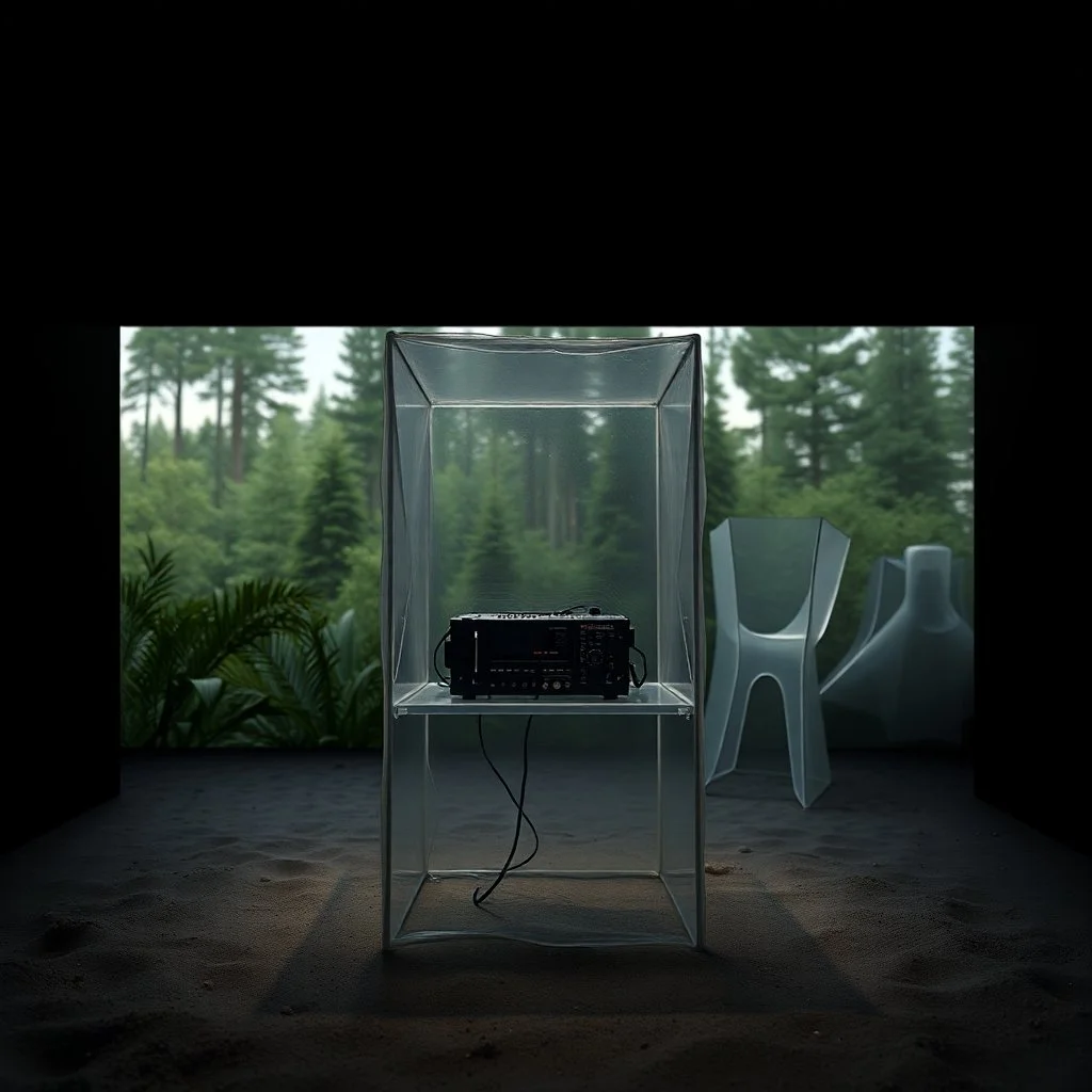 A photo of a dark, closed environment in a dark closed space. In the background there is a forest. At the center, a transparent structure made of plastic encloses some electronical devices. Plants, clouds. The surface below appears to be sandy, with small accumulations of sand. In the background, other forms or structures are visible, some of which are thin and transparent. The photo was taken with a Hasselblad H6D 400c camera.