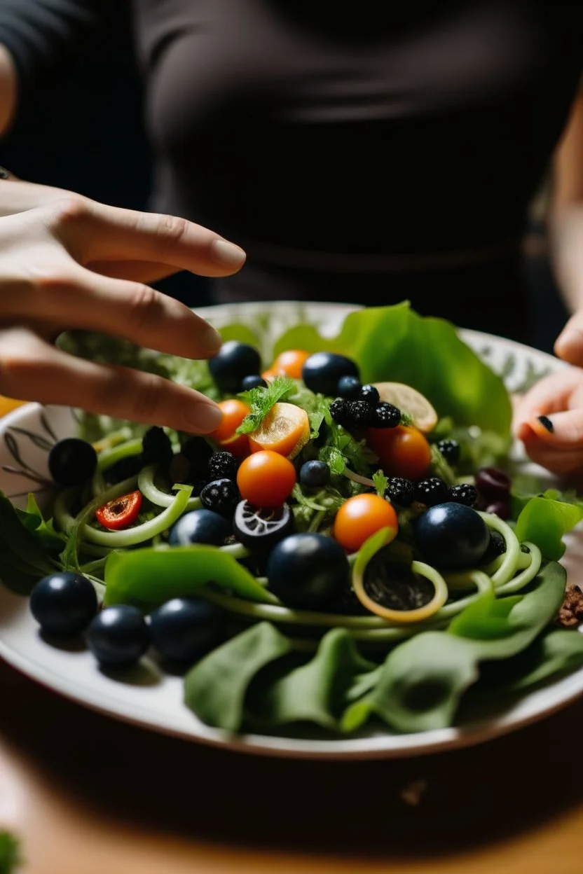 A plate of salad and pasta, with hands placing black olives on top of them