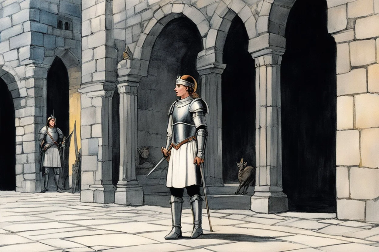 [middle age art by Jason and the Argonauts (1963)] at nightfall: lonely youthful Joan of arc in her armour in the courtyard of the Royal Court in Chinon for an audience with Charles, the King of France at the age of 17. the guards open the gates of the city