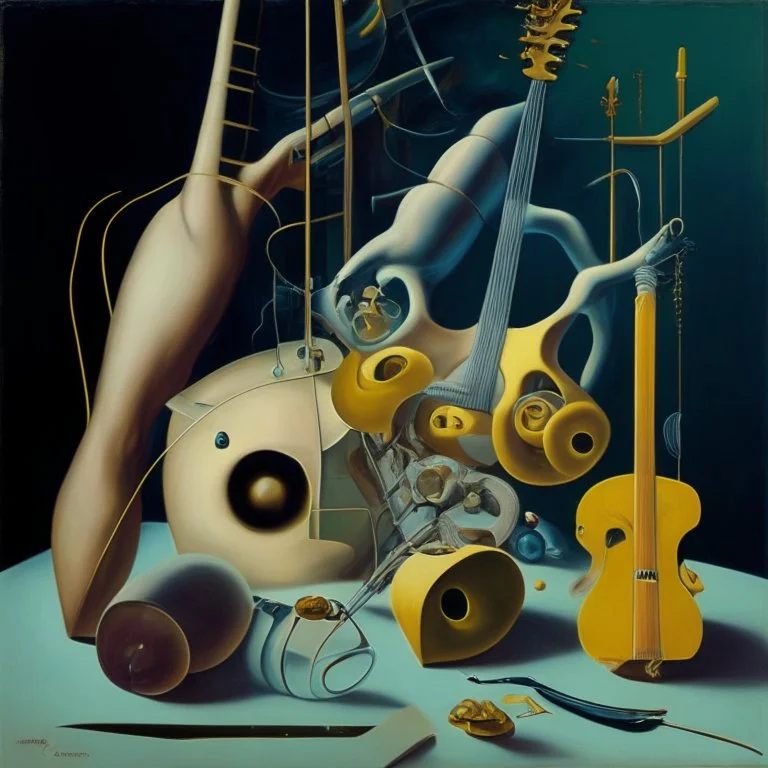 Abstract painting formed by a mix of human flesh-like surgical instruments and universe-like musical instruments,neuralink,minimalism,Painting By Adrian Ghenie, Rene Magritte, Salvador Dali, Lucian Freud