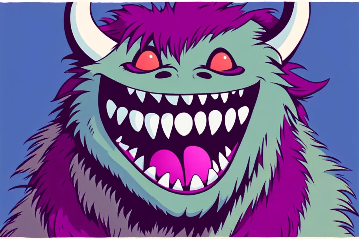 closeup on face of cute character with fur, horns and big toothy grin, peculiar character style, cute monster 1980s