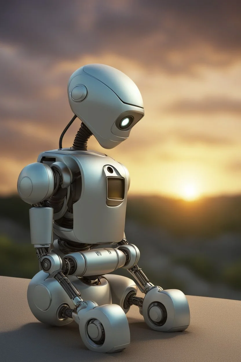 A sad robot looking into the sunset, photorealistic