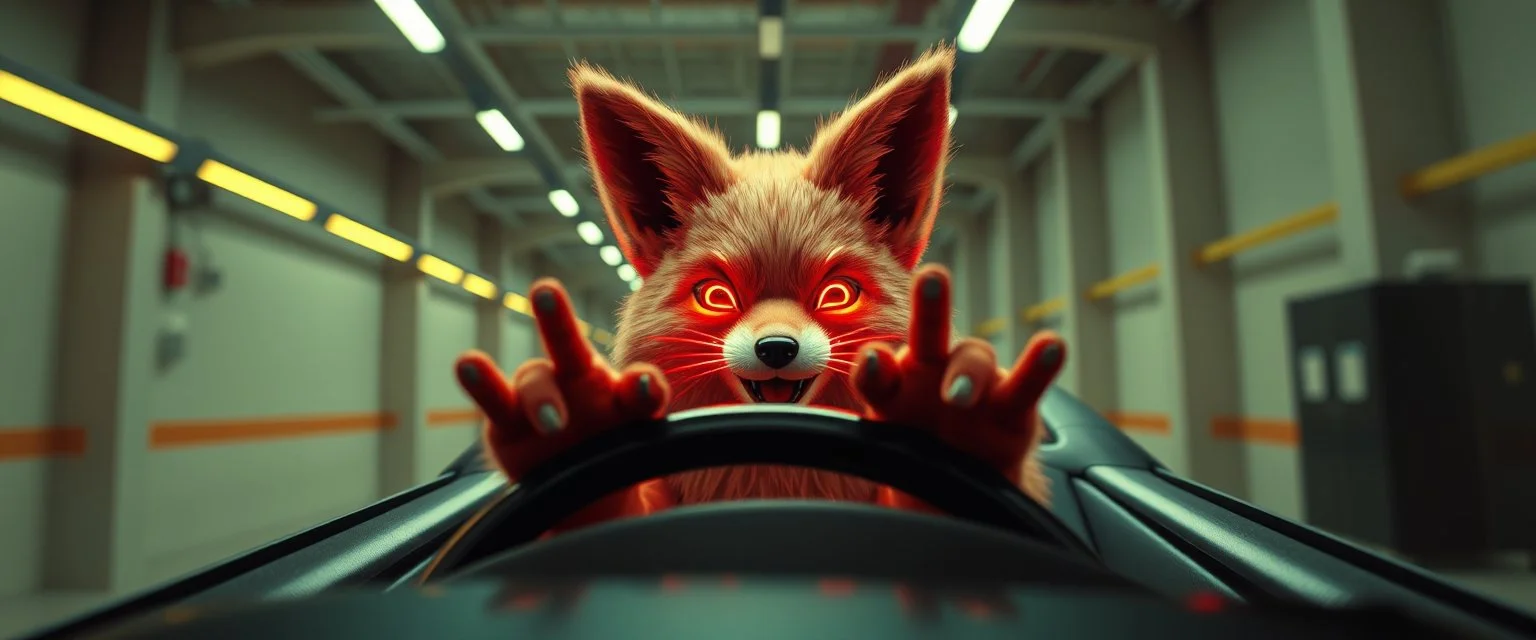 car driving happy 2d neon fluffy orc fox with human hands in the style of Escher and Giger and Fallout 4, pinhole cam, airbrush 3d rendering, on tv screen:A five-second cinematic single take in a clean industrial presentation hall.