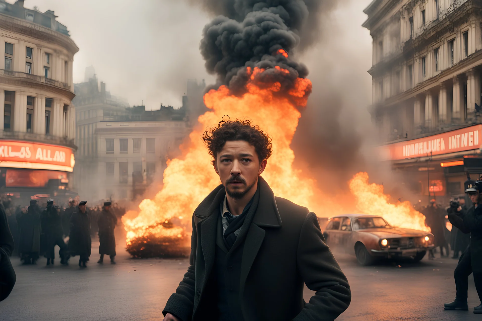 A hiper-realistic medium HD photo of Shia La Beouf, in a war fighting scene in Piccadilly Circus, cars in flames, fires, running people, kill, destruction, explosion, Sergei Parajanov movie style