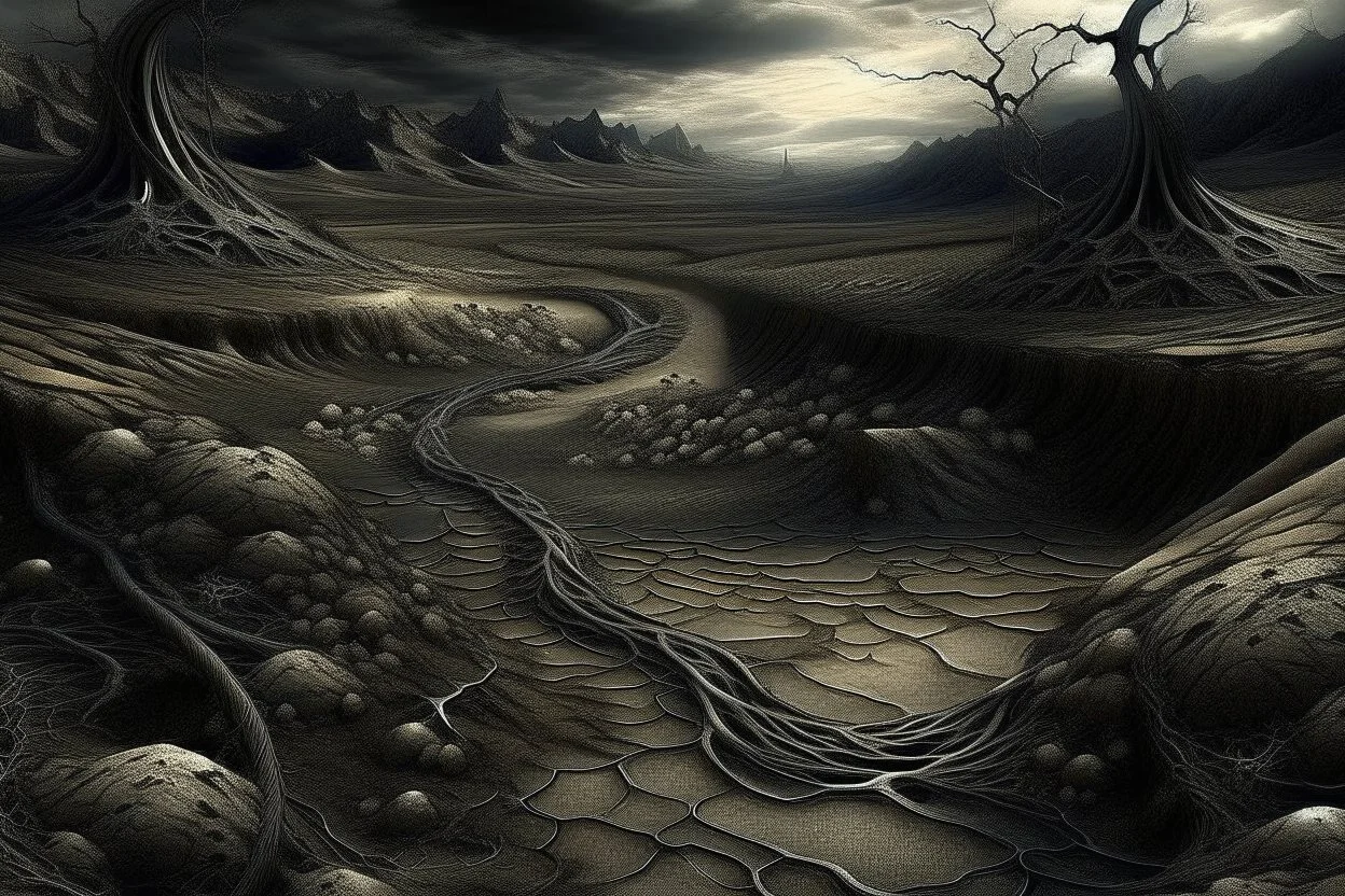 inner world and dynamics of the uncontrolled mind and soul, chaotic, lonely island , vallay and mountains, deep Sahara, surreal cracked , brocken weird land. The Whimsical style , dark visions , thin bronse lines, impasto high textures, lonely, dark vibe, absurd beauty, deep, dark nightmare . The broken, weird bizarre landscape, dark dunes, surreal mood