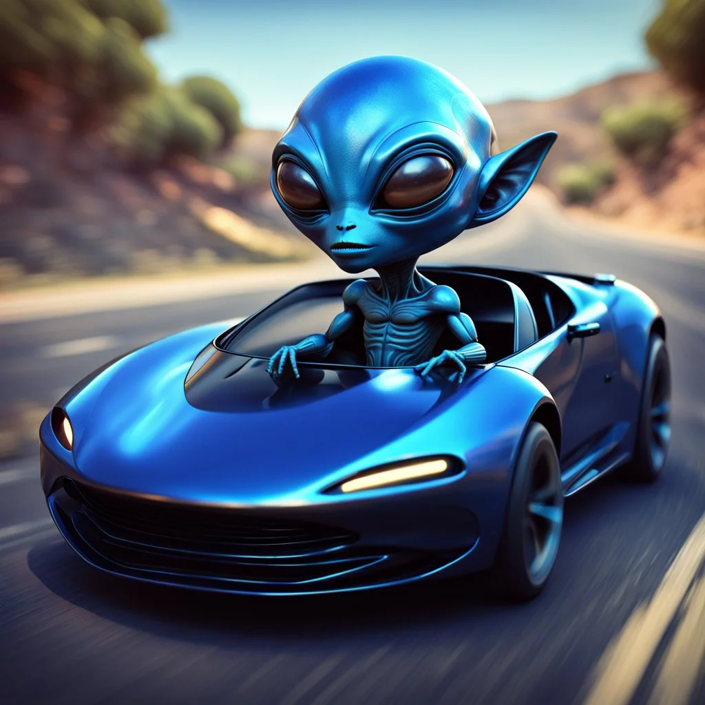 Magnetic blue cartoon alien driving a shiny black open sports car on a a senic road in aeizona, character portrait by Mike Winkleman, featured in cgsociety, pop surrealism, rendered in cinema4d, daz3d, behance hd