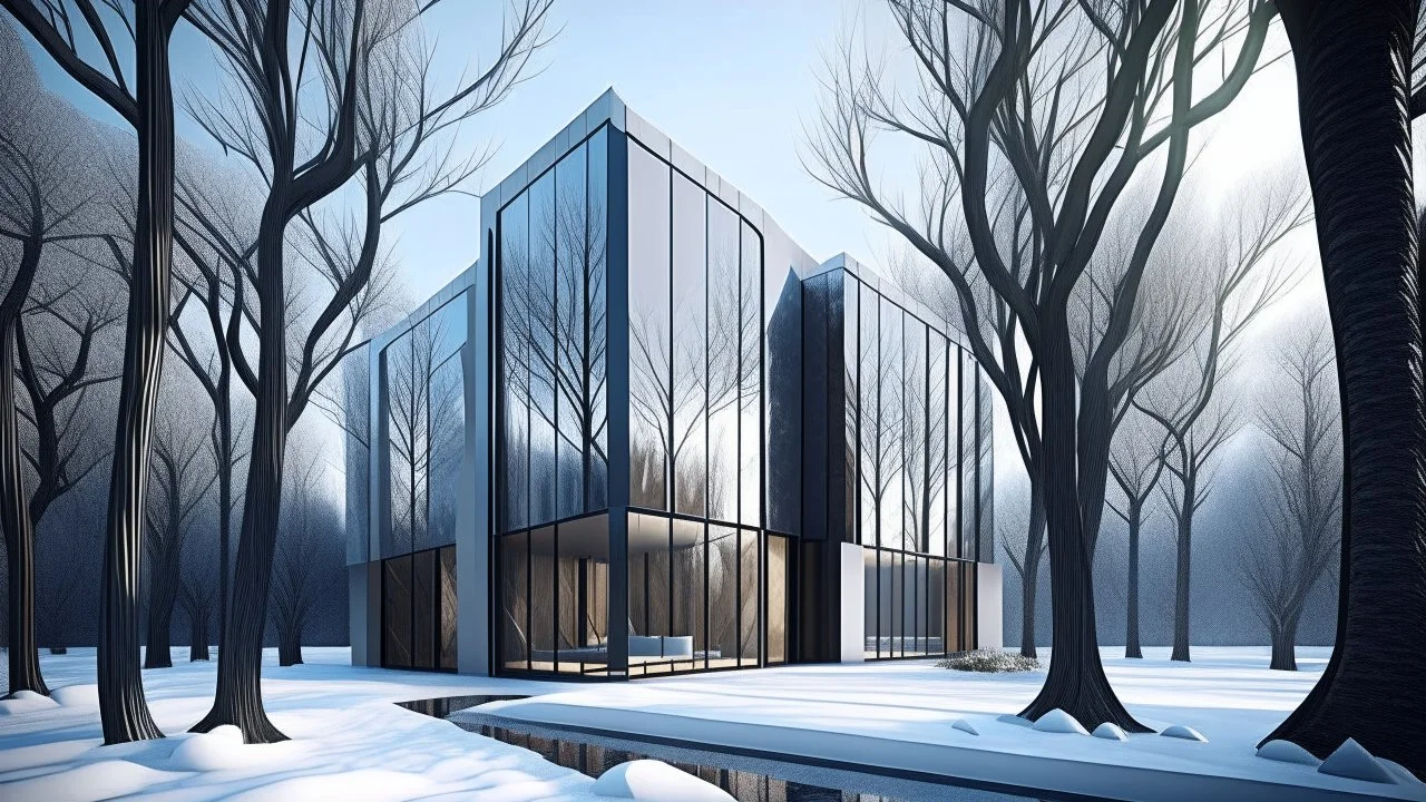 Tall trees with snow-covered branches surround a sleek, futuristic house with large windows and sharp angles. The house sits next to a pool that reflects the bare branches and the snow-covered ground. The winter sun casts a soft, cool light on the scene, creating a serene and surreal atmosphere.