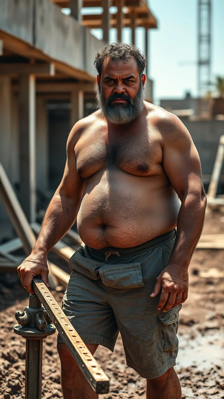 portrait shot photography of an ugly 43 year old chubby big robust burly arab carpenter working on the mud, dirty and wet, wearing bulging shorts, shirtless, hairy chest, serious, very virile, short beard, curly hair,, , in a sunny construction work area, photorealistic , photorealistic