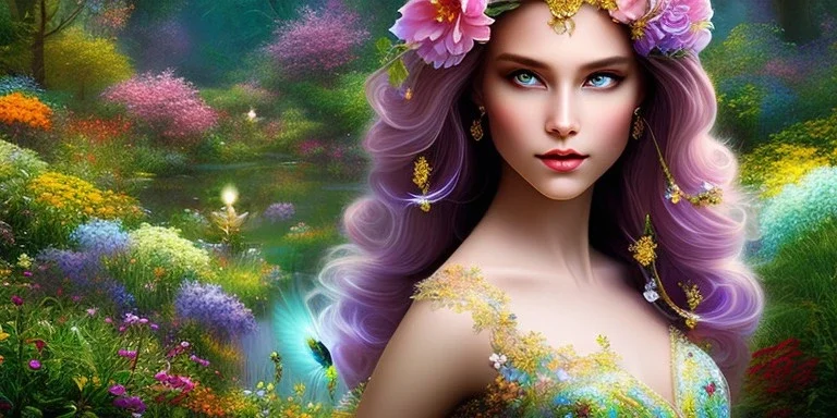 bright fairy, beautiful portrait, flowery landscape